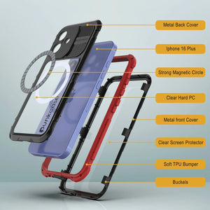 Estuche impermeable de aluminio Metal Extreme 2.0 Series para iPhone 16 Plus con protección IP68 y protector de pantalla incorporado [negro y rojo]
