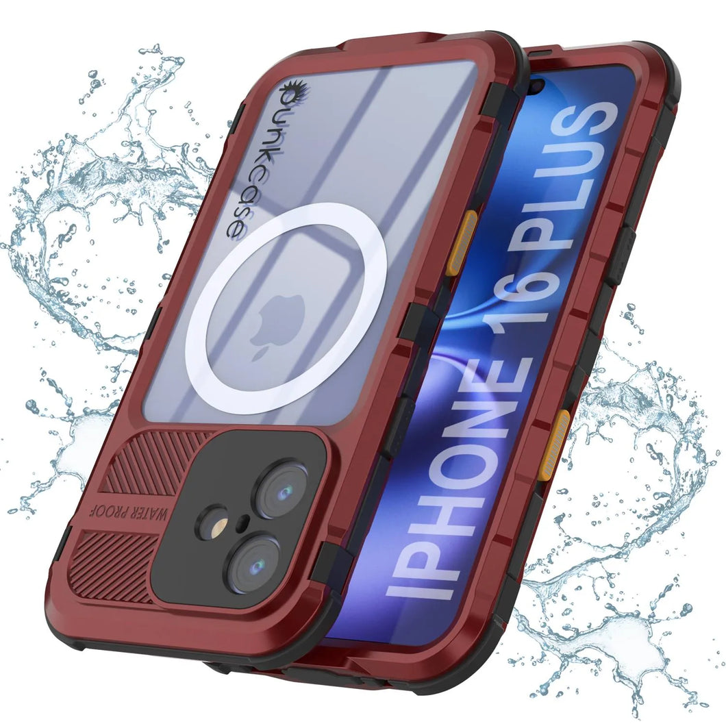 Estuche impermeable de aluminio Metal Extreme 2.0 Series para iPhone 16 Plus con protección IP68 y protector de pantalla incorporado [rojo y negro]