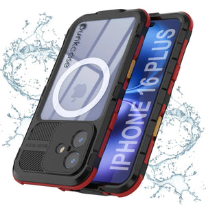 Estuche impermeable de aluminio Metal Extreme 2.0 Series para iPhone 16 Plus con protección IP68 y protector de pantalla incorporado [negro y rojo]