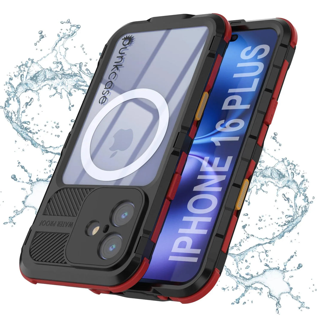 Estuche impermeable de aluminio Metal Extreme 2.0 Series para iPhone 16 Plus con protección IP68 y protector de pantalla incorporado [negro y rojo]