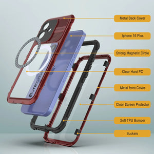 Estuche impermeable de aluminio Metal Extreme 2.0 Series para iPhone 16 Plus con protección IP68 y protector de pantalla incorporado [rojo y negro]