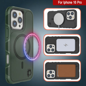Funda PunkCase para iPhone 16 Pro, [Serie Spartan 2.0], transparente, resistente y duradera, con protector de pantalla incorporado [verde oscuro]