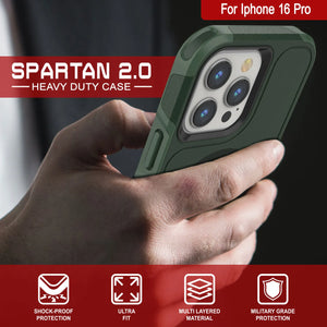 Funda PunkCase para iPhone 16 Pro, [Serie Spartan 2.0], transparente, resistente y duradera, con protector de pantalla incorporado [verde oscuro]