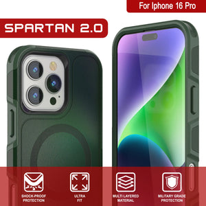 Funda PunkCase para iPhone 16 Pro, [Serie Spartan 2.0], transparente, resistente y duradera, con protector de pantalla incorporado [verde oscuro]