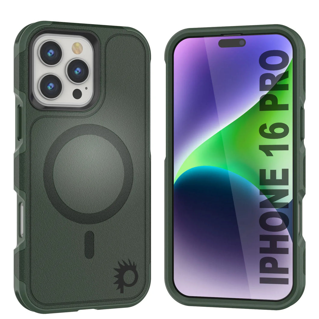 Funda PunkCase para iPhone 16 Pro, [Serie Spartan 2.0], transparente, resistente y duradera, con protector de pantalla incorporado [verde oscuro]
