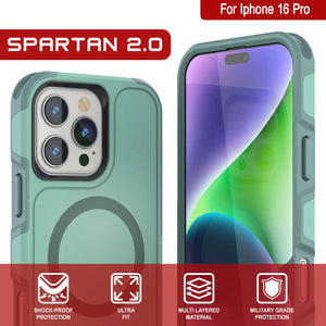 Funda PunkCase para iPhone 16 Pro, [Serie Spartan 2.0], transparente, resistente y duradera, con protector de pantalla incorporado [verde azulado]