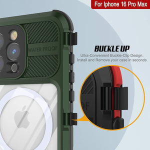 Funda impermeable de aluminio Metal Extreme 2.0 Series para iPhone 16 Pro Max con protección IP68 y protector de pantalla incorporado [verde oscuro]