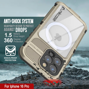 Estuche impermeable de aluminio Metal Extreme 2.0 Series para iPhone 16 Pro con protección IP68 y protector de pantalla incorporado [dorado]