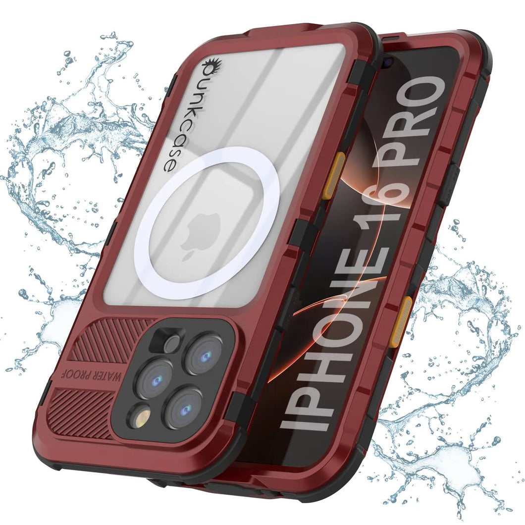 Estuche impermeable de aluminio Metal Extreme 2.0 Series para iPhone 16 Pro con protección IP68 y protector de pantalla incorporado [rojo y negro]