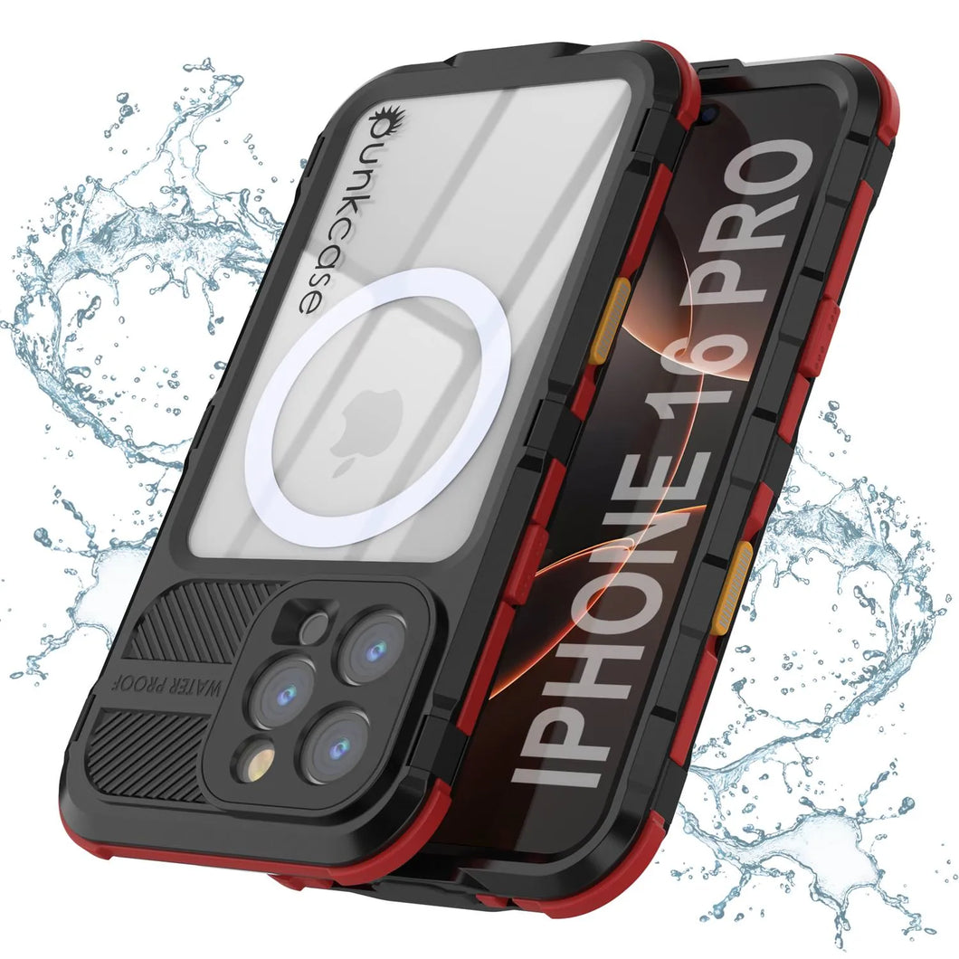 Estuche impermeable de aluminio Metal Extreme 2.0 Series para iPhone 16 Pro con protección IP68 y protector de pantalla incorporado [negro y rojo]