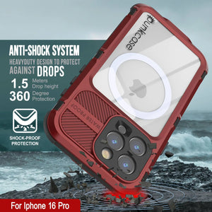 Estuche impermeable de aluminio Metal Extreme 2.0 Series para iPhone 16 Pro con protección IP68 y protector de pantalla incorporado [rojo y negro]