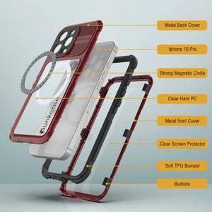 Estuche impermeable de aluminio Metal Extreme 2.0 Series para iPhone 16 Pro con protección IP68 y protector de pantalla incorporado [rojo y negro]