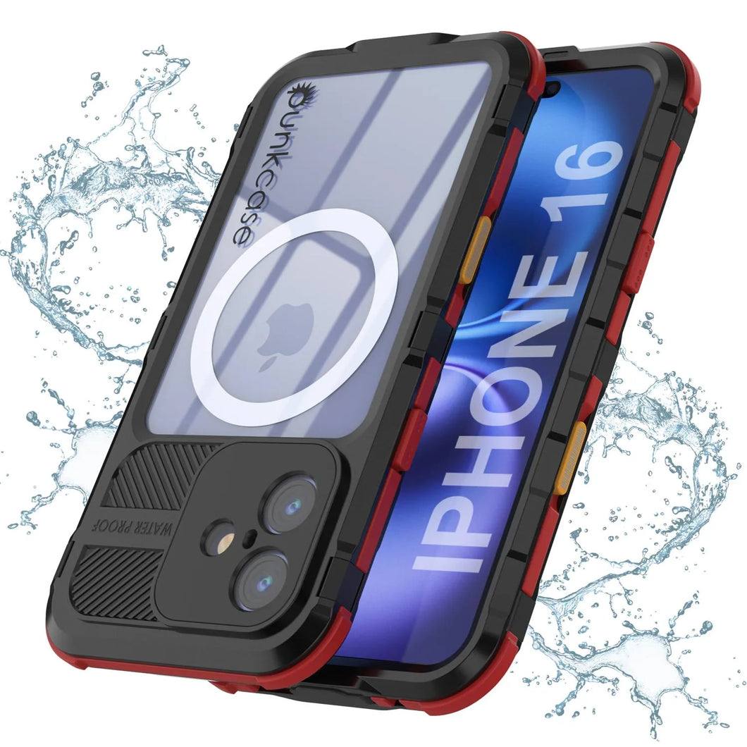 Estuche impermeable de aluminio Metal Extreme 2.0 Series para iPhone 16 con protección IP68 y protector de pantalla incorporado [negro y rojo]