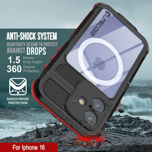 Estuche impermeable de aluminio Metal Extreme 2.0 Series para iPhone 16 con protección IP68 y protector de pantalla incorporado [negro y rojo]