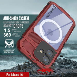 Estuche impermeable de aluminio Metal Extreme 2.0 Series para iPhone 16 con protección IP68 y protector de pantalla incorporado [rojo y negro]
