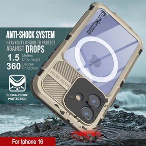 Estuche impermeable de aluminio Metal Extreme 2.0 Series para iPhone 16 con protección IP68 y protector de pantalla incorporado [dorado]