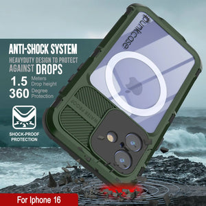 Estuche impermeable de aluminio Metal Extreme 2.0 Series para iPhone 16 con protección IP68 y protector de pantalla incorporado [verde oscuro]