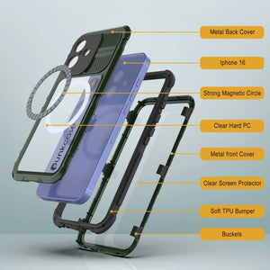 Estuche impermeable de aluminio Metal Extreme 2.0 Series para iPhone 16 con protección IP68 y protector de pantalla incorporado [verde oscuro]